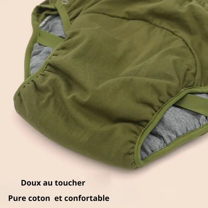 Couche adulte en coton pur pour femmes, haute absorption et protection anti-fuites, disponibles en gris et vert, tailles XL à 3XL.
