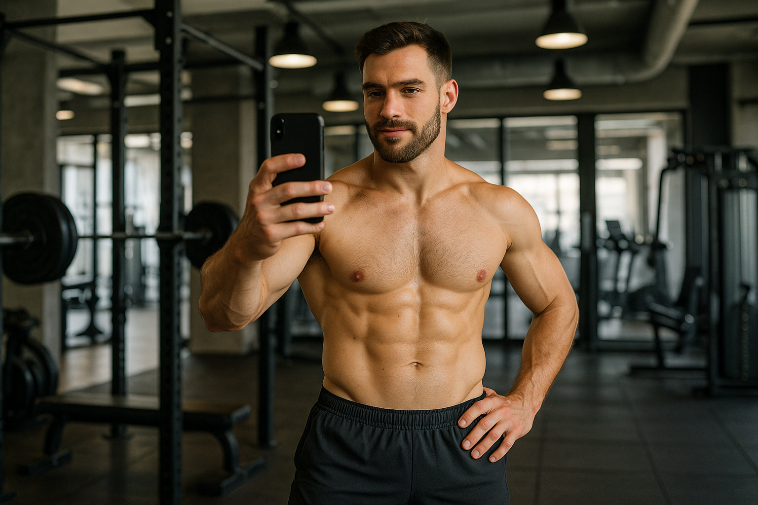 Selfie dun sportif en salle de sport, en short par-dessus le boxer